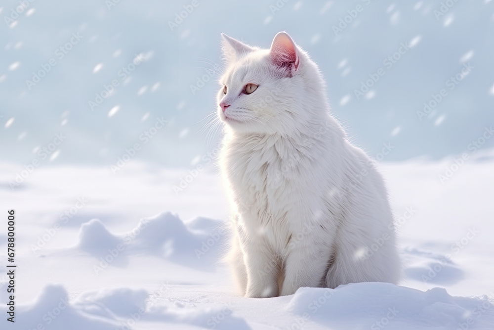 Fototapeta premium white cat on white snow outdoors