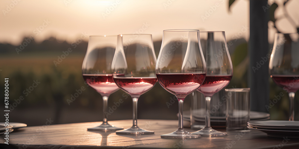 Glasses of pink wine on the table outdoors on blurred vineyard background during sunset