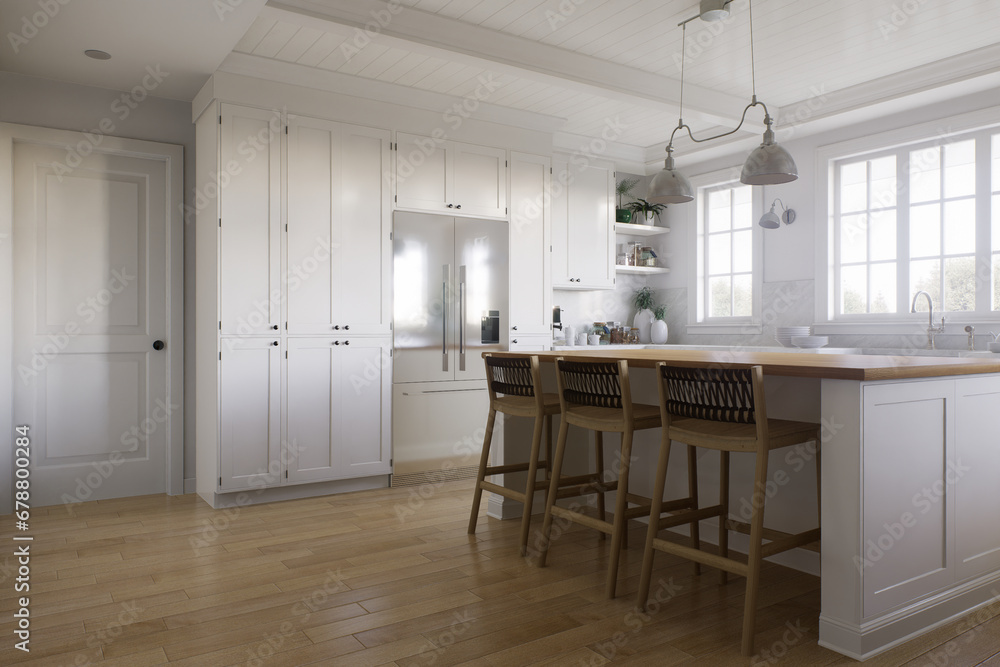 White U-shaped kitchen with windows, kitchen appliances and utensils. White U-shaped kitchen with windows, kitchen appliances and utensils.