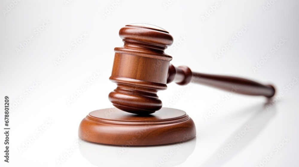 A wooden judge's gavel on a white surface.