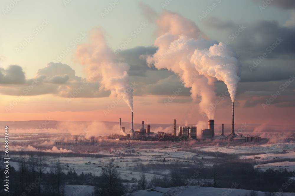 Smoking industrial chimneys in winter. Concept: ecological problems, industrial pollutions