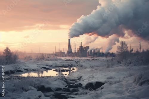 Smoking industrial chimneys in winter morning. Concept: ecological problems, industrial pollutions