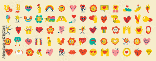 Fototapeta Naklejka Na Ścianę i Meble -  Groovy hippie love sticker set. Heart funny cartoon character different face. Happy valentine's day concept. Trendy retro 60s 70s style emoji. Vector illustrations
