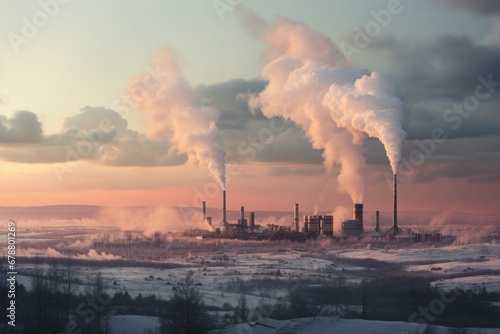 Smoking industrial chimneys in winter. Concept: ecological problems, industrial pollutions