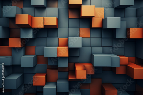 Abstract cubic pattern with pops of orange on a blue background
