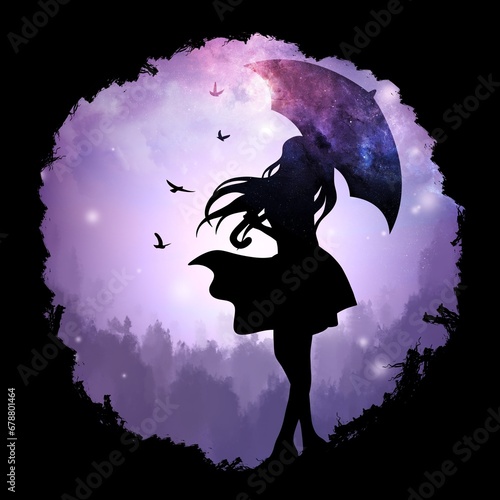 After storm the Sun will shine again. Girl with umbrella. Silhouette art