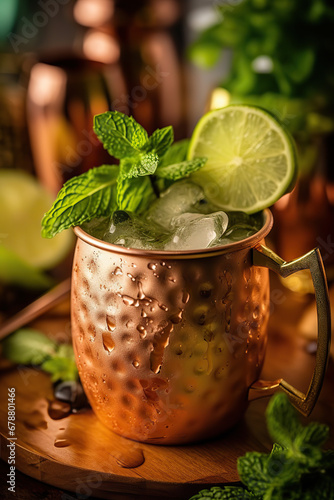 Refreshing Summer Moscow Mule Cocktails in Copper Mugs on a Rustic Wooden Tray