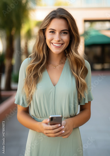 beautiful woman in a dress holds a mobile phone in her hands and looks at the viewer on a city street, girl with a smartphone, online shopping, portrait, business, lady, screen, device, internet