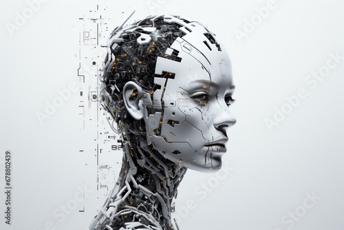 Female robotic head with pixelated digital decomposition photo