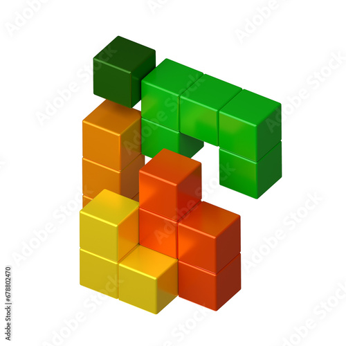3D building block set. Isometric blocks. Abstract construction from isometric block shapes. The concept of logical thinking  geometric shapes. Perspective Illustration