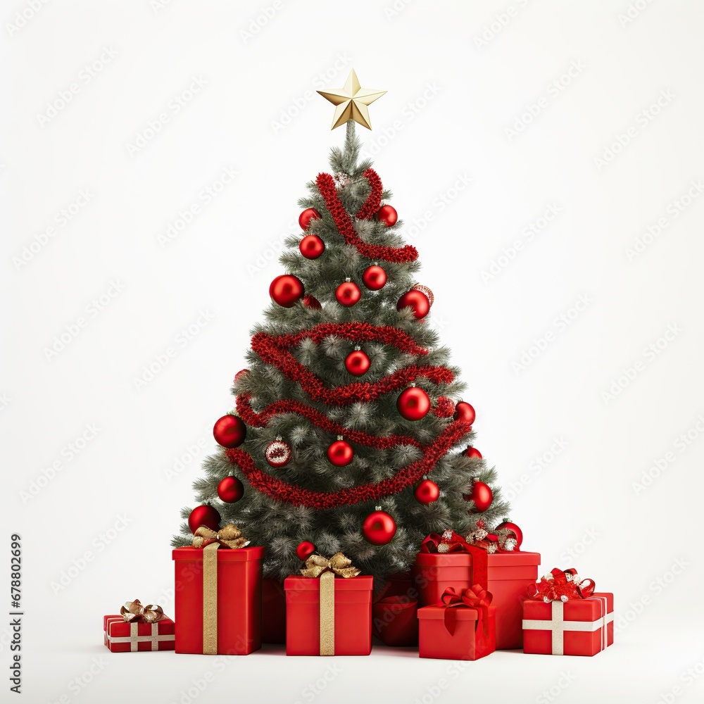 Christmas tree with red ornaments and golden accents alongside festive presents. Festive holiday decor with a pine tree decorated in red and gold.