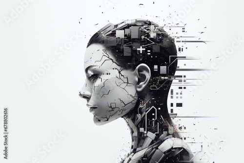 Profile of a female android with fragmented digital effects