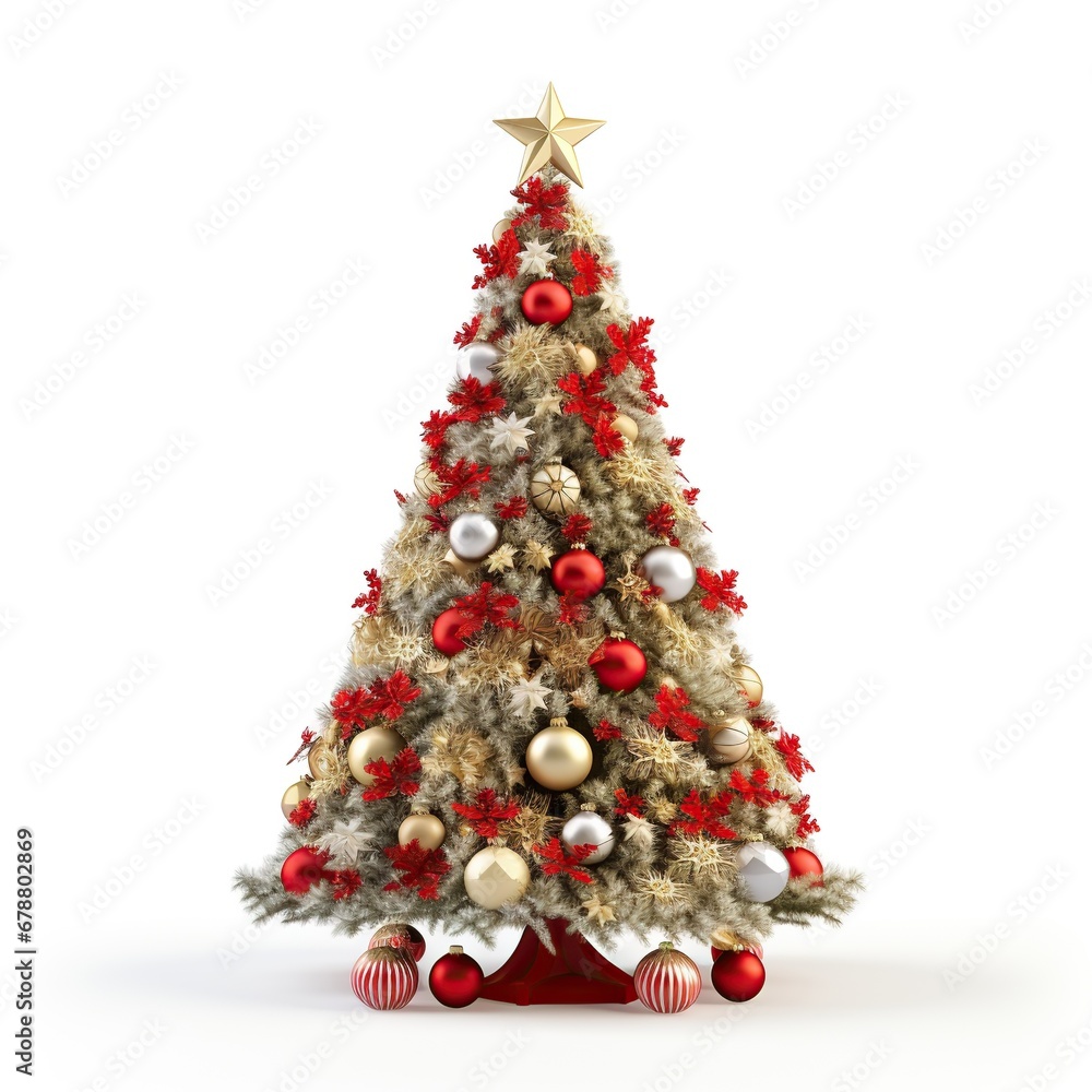 Opulent Christmas tree with a mix of red, gold, and silver ornaments. Festive holiday Christmas tree adorned with metallic baubles and star topper.