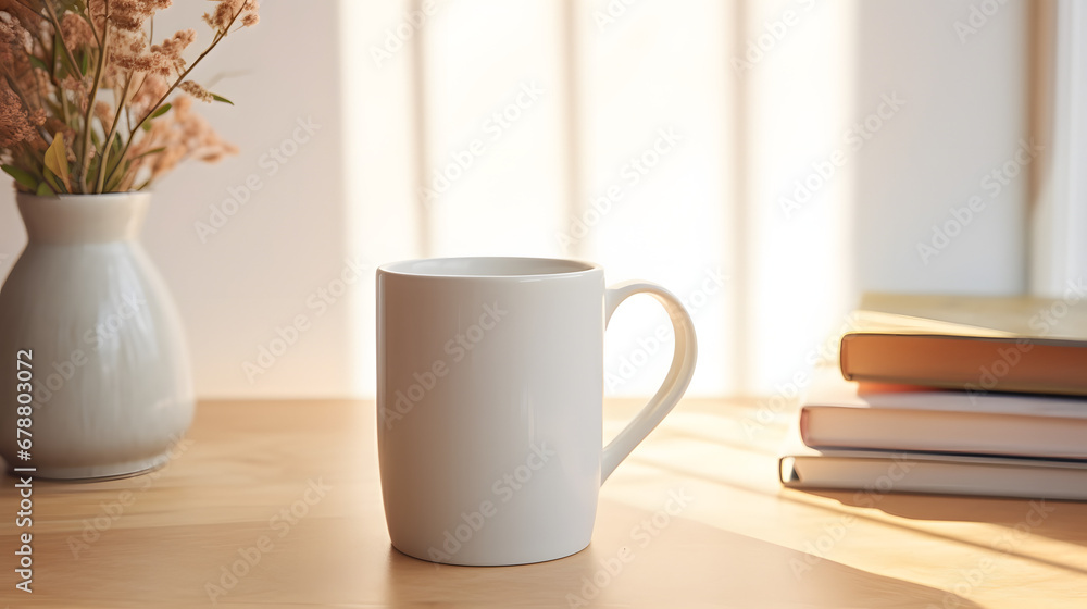 White coffee mug mockup on kitchen counter in morning light