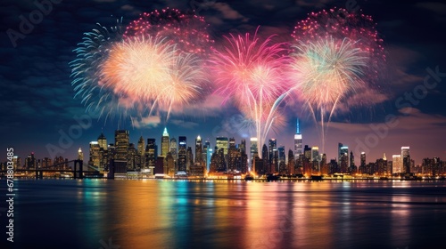 Colorful New Year's Eve fireworks over the city at night, Beautiful reflection in the water