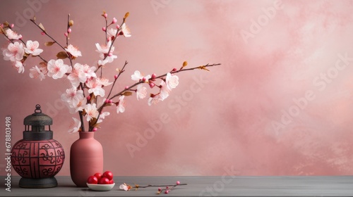 Chinese New Year, Decorative Chinese lantern and sakura blossoms background with copy space © Thanaphon