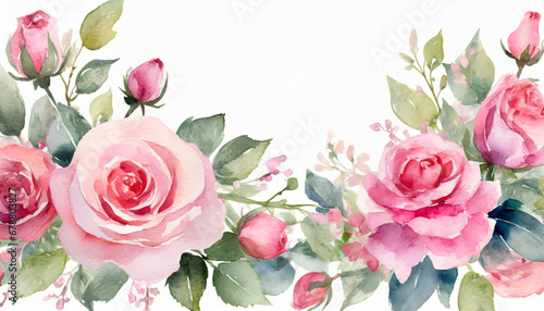 watercolor pink rose romantic flower border illustration #678803827