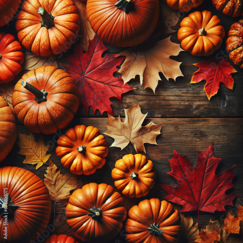Photo of Fall background with orange pumpkins and fall leaves on a light surface, generative AI