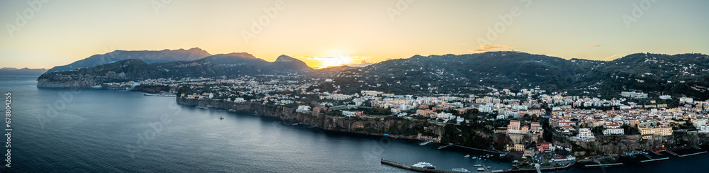 Sunrise over Sorrento, Italy.  Rugged Amalfi Coast.  Aerial Drone Photo