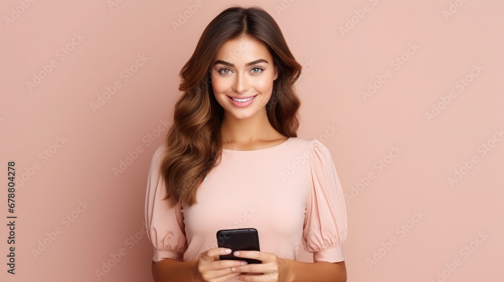 Fototapeta premium beautiful woman in a dress holds a mobile phone in her hands and looks at the viewer on a color background, girl with a smartphone, online shopping, portrait, business, lady, screen, device, internet