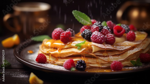 Delicious stack of pancakes with fresh berries and mint photo