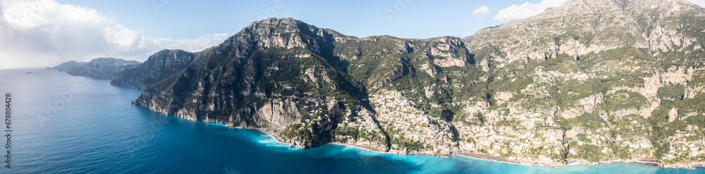 Positano, Italy. Rugged Mountains of the Amalfi Coast. Aerial Drone Photo