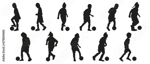 silhouettes of kids playing football in poses of kicking the football