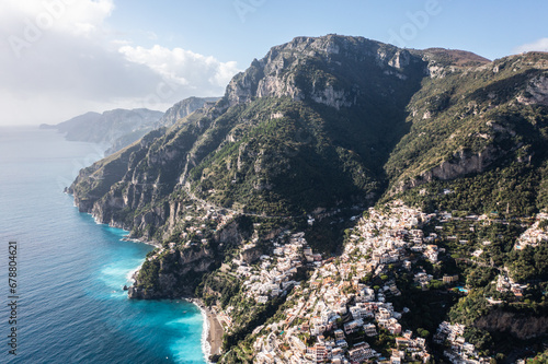 Obraz na płótnie Positano, Italy. Rugged Mountains of the Amalfi Coast. Aerial Drone Photo w salonie