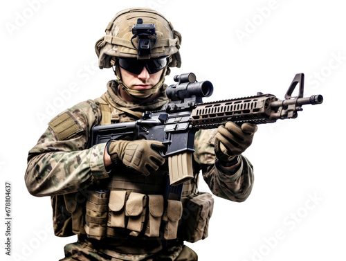 a American military army special force soldier with camouflage helmet and a rifle gun photo