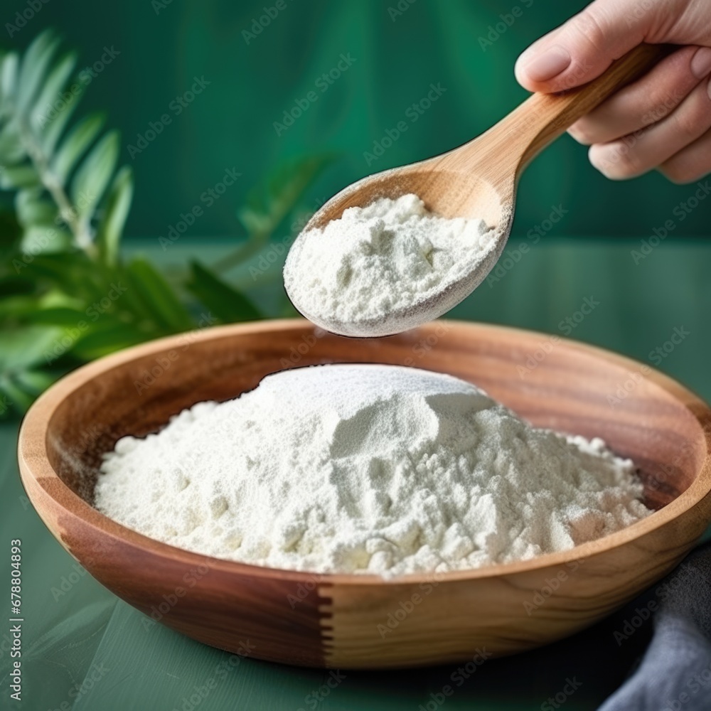 Collagen powder in wooden bowl on natural green background. AI Generated