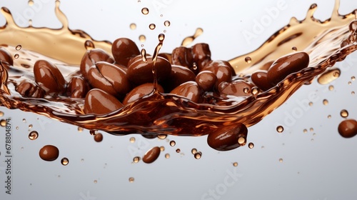 Realistic coffee splash with droplets on a light background. AI generate illustration