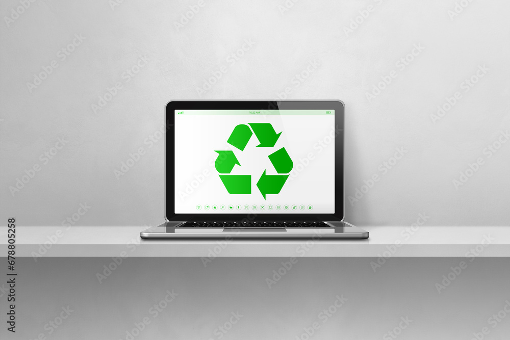 Fototapeta premium Laptop computer on a shelf with a recycling symbol on screen. environmental conservation concept