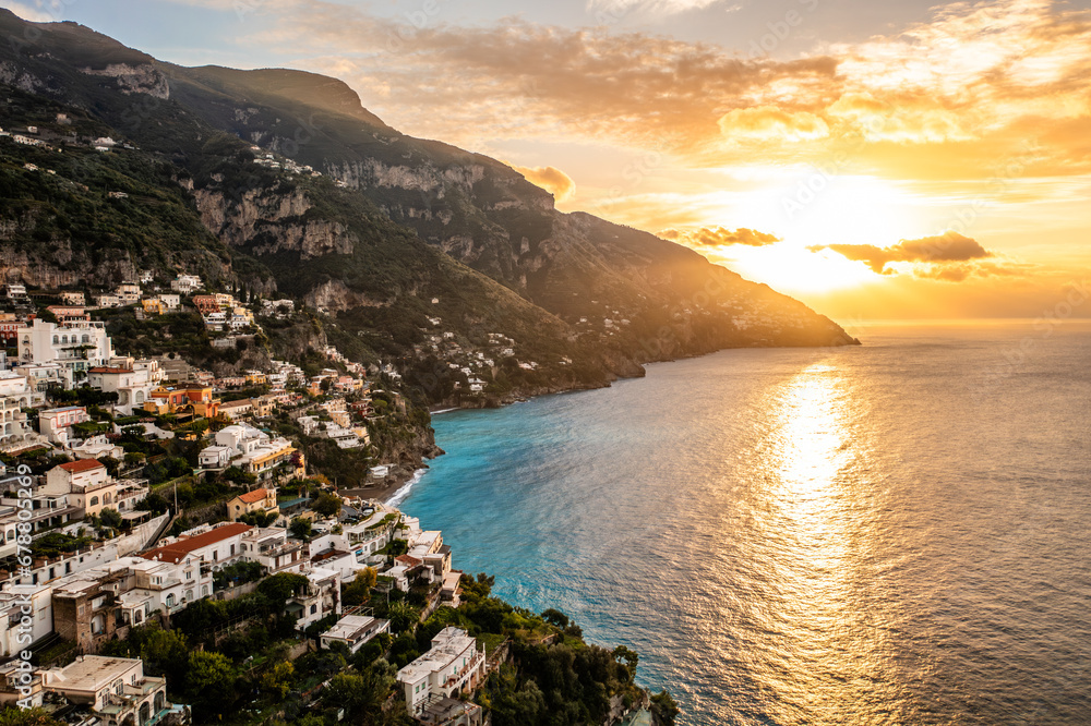 Sunrise over Positano, Italy. Amalfi Coast. Aerial Drone Photo