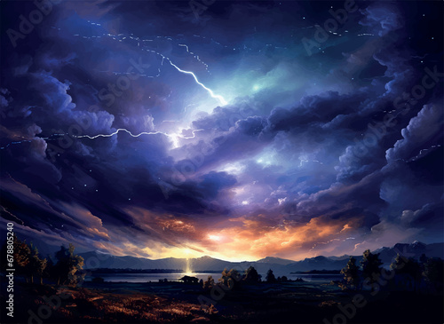 Night sky thunder storm Illustration © Linggakun