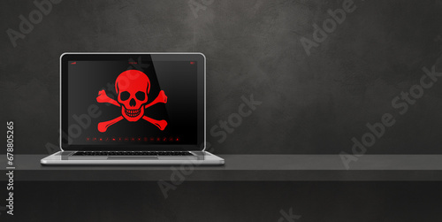 Fototapeta Naklejka Na Ścianę i Meble -  Laptop on a shelf with a pirate symbol on screen. Hacking concept