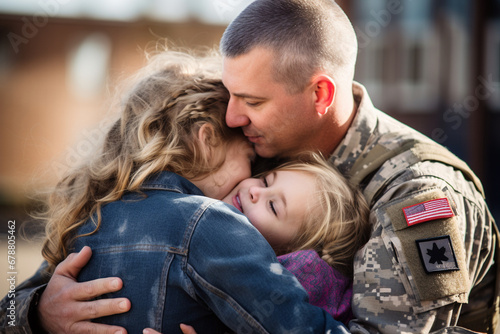 A close-up of a military family embracing, capturing the emotional reunion or farewell, creativity with copy space © Лариса Лазебная