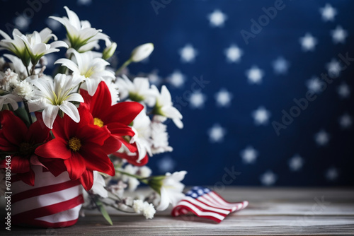 Memorial Day-themed floral arrangements with patriotic colors, creativity with copy space