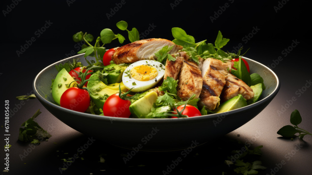 Healthy dinner. Buddha bowl lunch with grilled chicken, avocado, tometoes, eggs. Healthy dinner. Buddha bowl lunch with grilled chicken, avocado, tometoes, eggs.