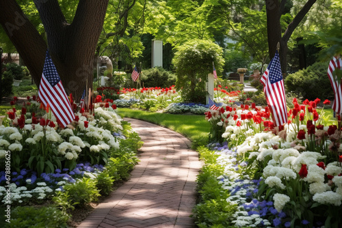 Fototapeta Naklejka Na Ścianę i Meble -  Patriotic-themed garden or outdoor space, creatively landscaped to honor fallen soldiers, creativity with copy space