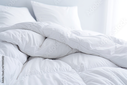 White folded duvet lying on white bed background. Preparing for household, domestic activities, hotel or home textile, white bright light and room. 