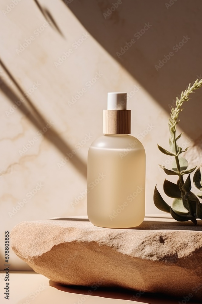 glass Cosmetic bottle on stone podium beige background with copy space. AI Generated