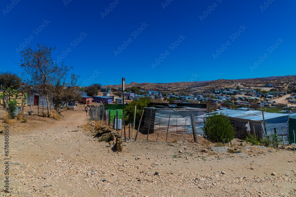 A view across the landscape of an informal settlement in Windhoek, Namibia in the dry season