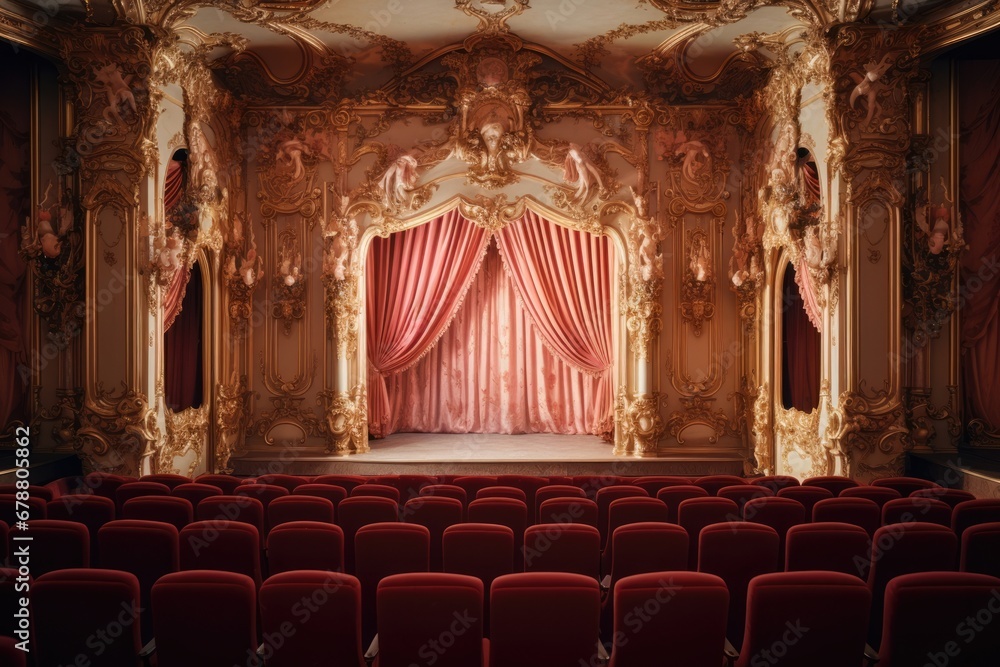 Naklejka premium Inside interior famous europe stage balcony opera old theatre empty architecture hall red theater