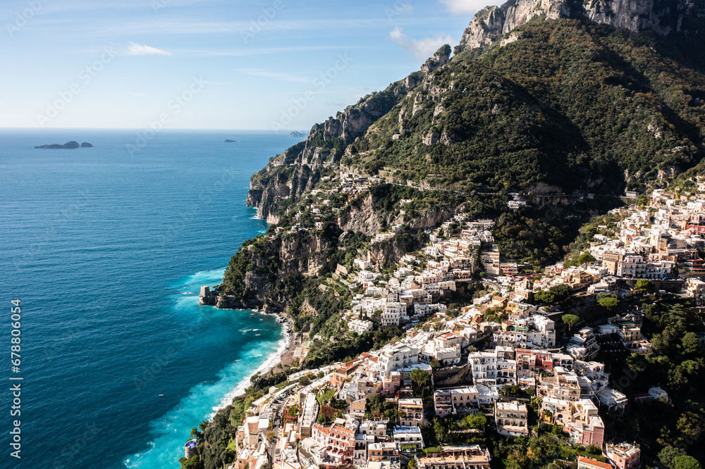 Positano, Italy. Rugged Mountains of the Amalfi Coast. Aerial Drone Photo