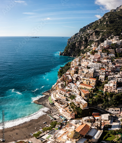 Positano, Italy.  Rugged Mountains of the Amalfi Coast.  Aerial Drone Photo photo