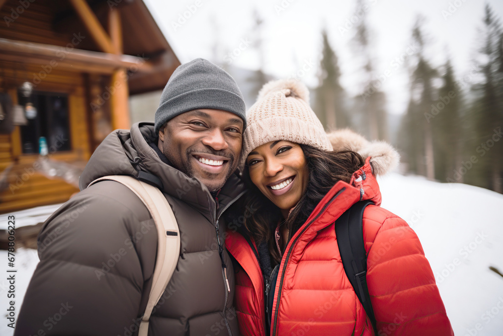 Warmly dressed black couple enjoys a winter day outside their cozy log cabin