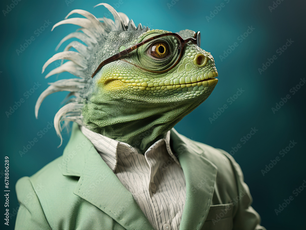 simpatico camaleonte visto di profilo vestito con abiti umani, abiti verdi su sfondo verde turchese, occhiali da sole, rettile antropomorfo in posa di tre quarti