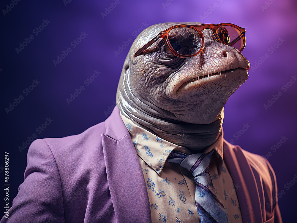 simpatica foca vestita alla moda su sfondo viola , giacca e cravatta viola , animale antropomorfo simpatica foca vestita alla moda su sfondo viola , giacca e cravatta viola , animale antropomorfo