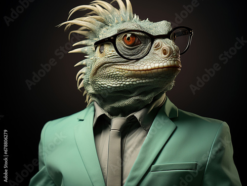 simpatico camaleonte visto di profilo vestito con abiti umani, abiti verdi su sfondo nero, occhiali da sole, rettile antropomorfo in posa di tre quarti photo