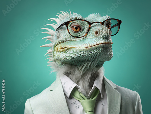 simpatico camaleonte visto di profilo vestito con abiti umani, abiti verdi su sfondo verde turchese, occhiali da sole, rettile antropomorfo in posa di tre quarti photo